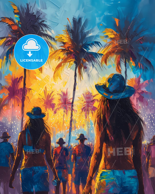 Ultra Music Festival - A Painting Of People Walking In Front Of Palm Trees