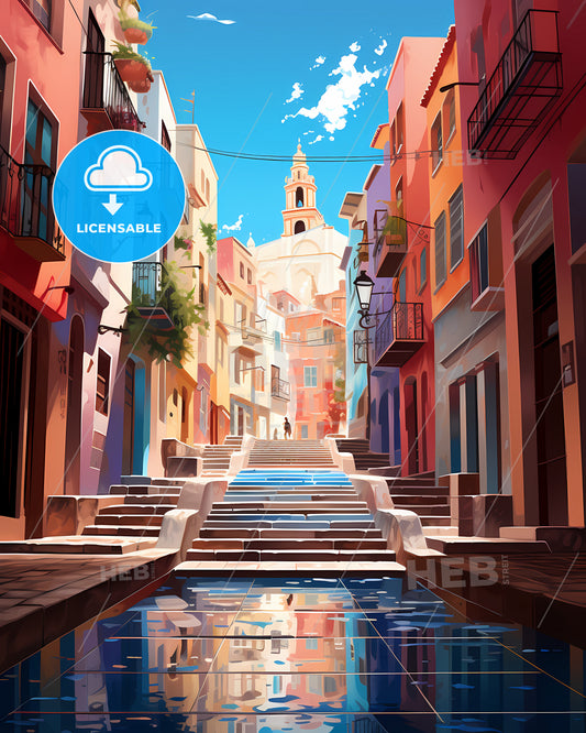Palma, Spain - A Street With Stairs And Water In Front Of Buildings