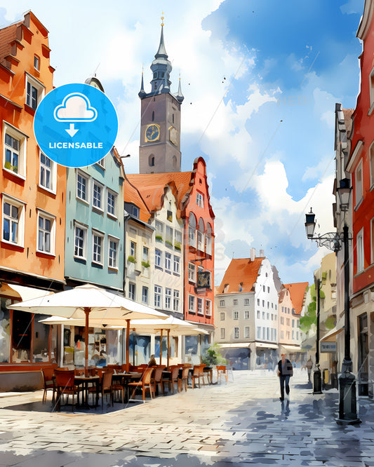 Bremen, Germany - A Street With Tables And Chairs In Front Of Buildings With Wittenberg In The Background
