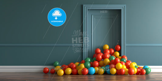 A Blue Door Opens And Many Little Multicolored Balloons And Balls Fall Out - A Pile Of Colorful Balls In A Room