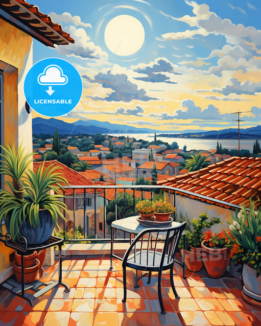 On The Roof Of Koh Samui, Thailand - A Painting Of A Balcony With A View Of A City And Mountains