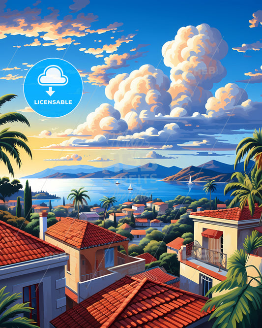 On The Roof Of Whitsunday Islands, Australia - A View Of A Town With A Body Of Water And Mountains