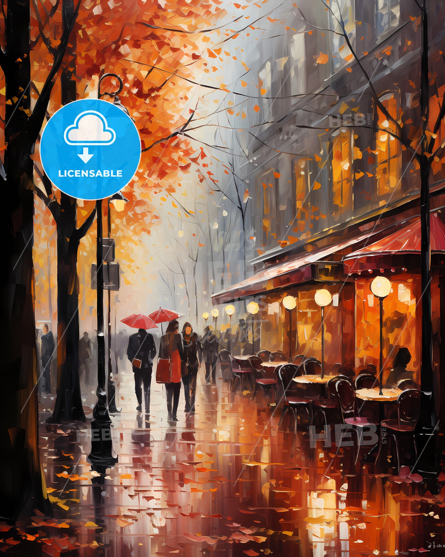 Nîmes, France - A Painting Of People Walking On A Sidewalk With Tables And Chairs