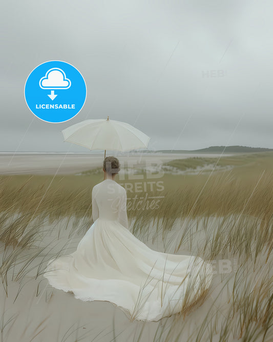 Realistic Photo, Portrait, Young Blond Woman Sitting On The Beach Under A Beach Umbrellain - A Woman In A White Dress Holding An Umbrella In A Field