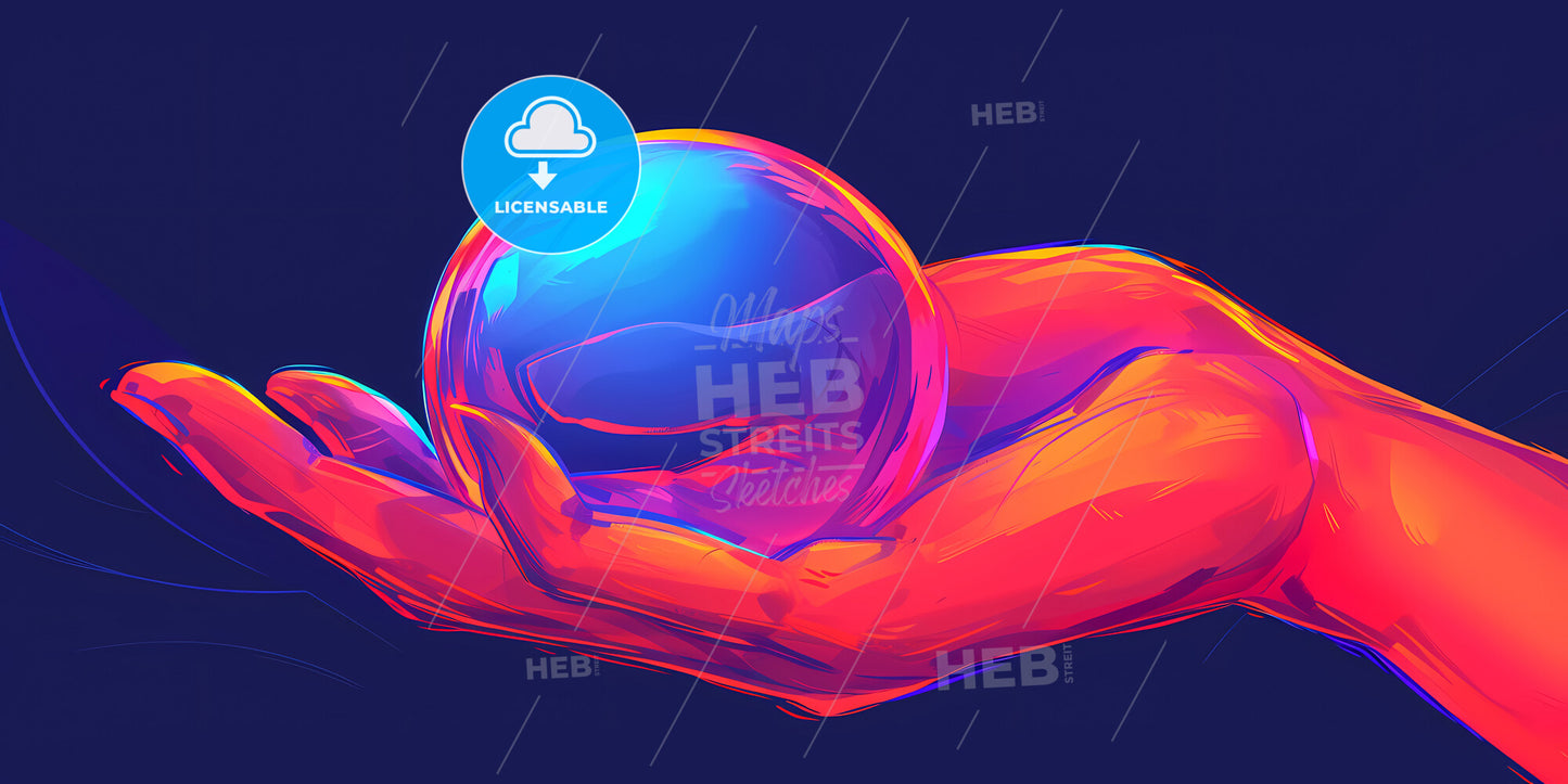 Abstract Metallic Hands Hold Glass Ball With Light, Isolated On Dark Blue Background - A Hand Holding A Colorful Sphere
