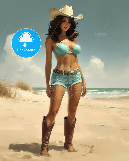 Cowgirl Woman Beautiful, Shorts, Boots, Cowboy Hat, Ascot - A Woman In A Garment And Cowboy Boots On A Beach