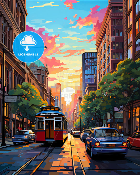 Manchester, England - A Street With Cars And A Trolley On It