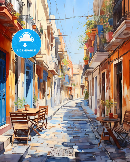 Thessaloniki, Greece - A Street With Tables And Chairs And Plants On The Side