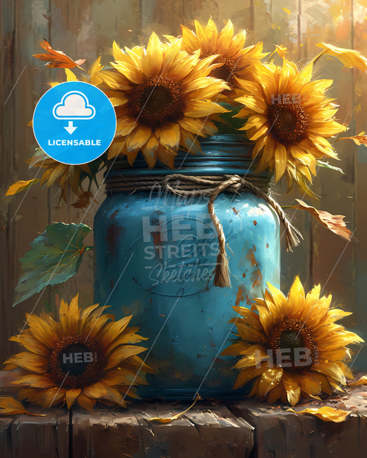 A Vibrant Bunch Of Sunflowers In A Vintage Jar - A Blue Jar With Yellow Flowers