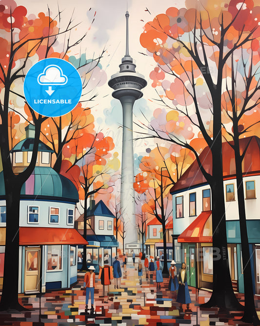 Düsseldorf, Germany - A Painting Of A City Street With A Tower In The Background