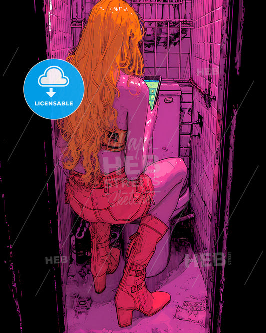 Woman Sits On Toilet And Looks At Her Phone - A Woman Sitting On A Toilet