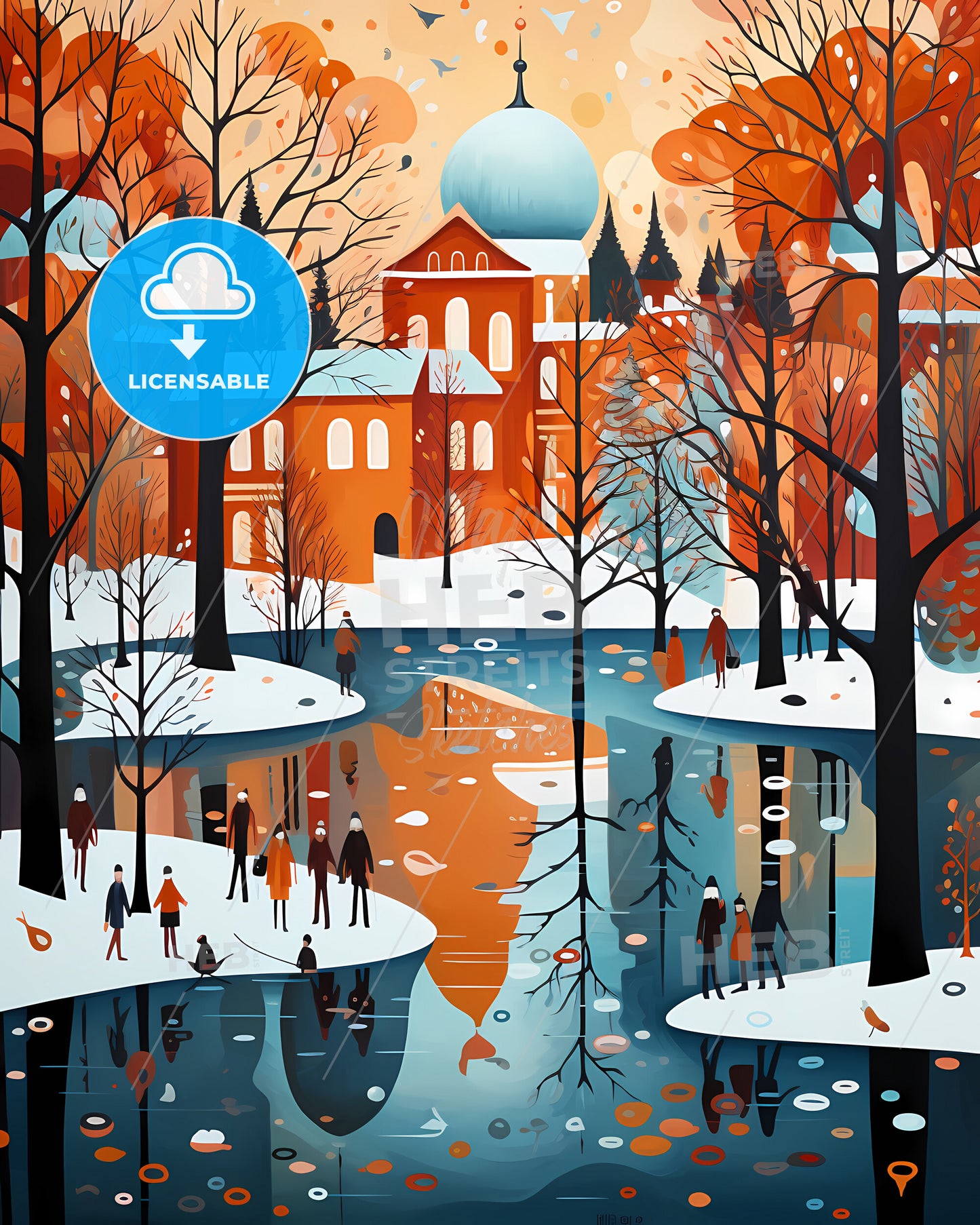 Berlin, Germany - A Painting Of A River With Trees And Buildings