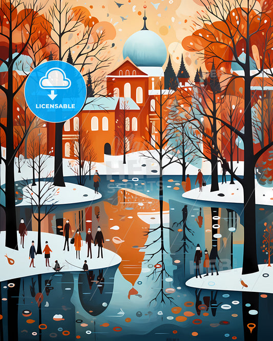 Berlin, Germany - A Painting Of A River With Trees And Buildings