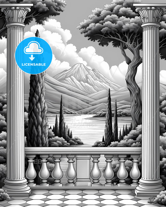 A French Chateau Winery - A Black And White Drawing Of A Balcony With Columns And Trees And Mountains