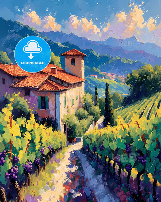 Piedmont, Italy - A Painting Of A House In A Vineyard