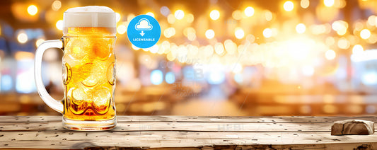 A Photo Of Beer Glas An Empty Very Old Wooden Board Top With A Blurred Shopping Mall In The Background - A Bottle Of Alcohol On A Wooden Surface