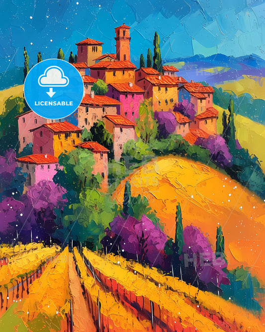 Tuscany, Italy - A Painting Of A Town On A Hill