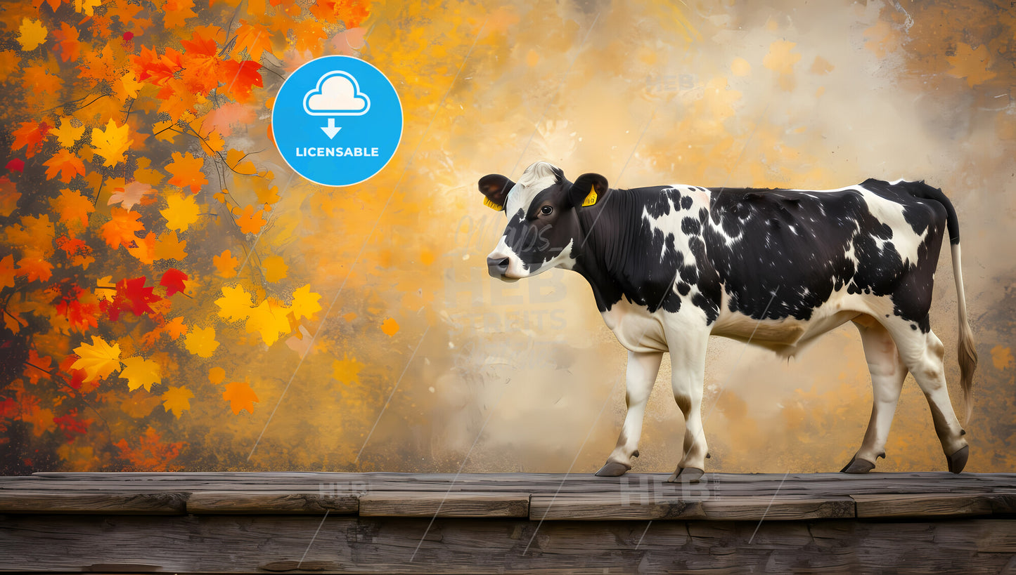 Cow Walking On A Wooden Table, In The Style Of Bokeh Panorama, Organic Shapes - A Cow Standing On A Wooden Ledge