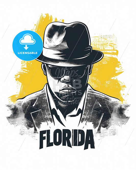 Poster With Bottom Text Florida In Bold Font - A Man Wearing A Hat And Sunglasses