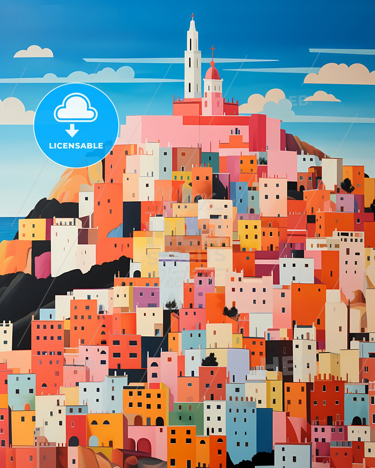 Cagliari, Italy - A Painting Of A City On A Hill