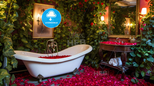 Pink Bathroom, Rose Petals, Flowers, Valentine's Day - A Bathroom With Rose Petals And A Tub