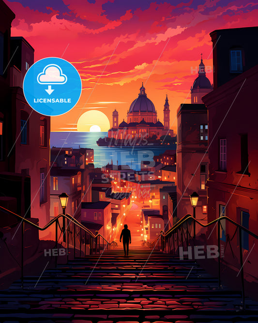 Taranto, Italy - A Person Walking Up Stairs In A City