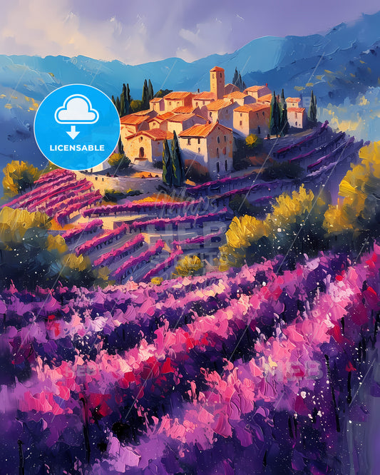 Priorat, Spain - A Painting Of A Village In A Field Of Purple Flowers