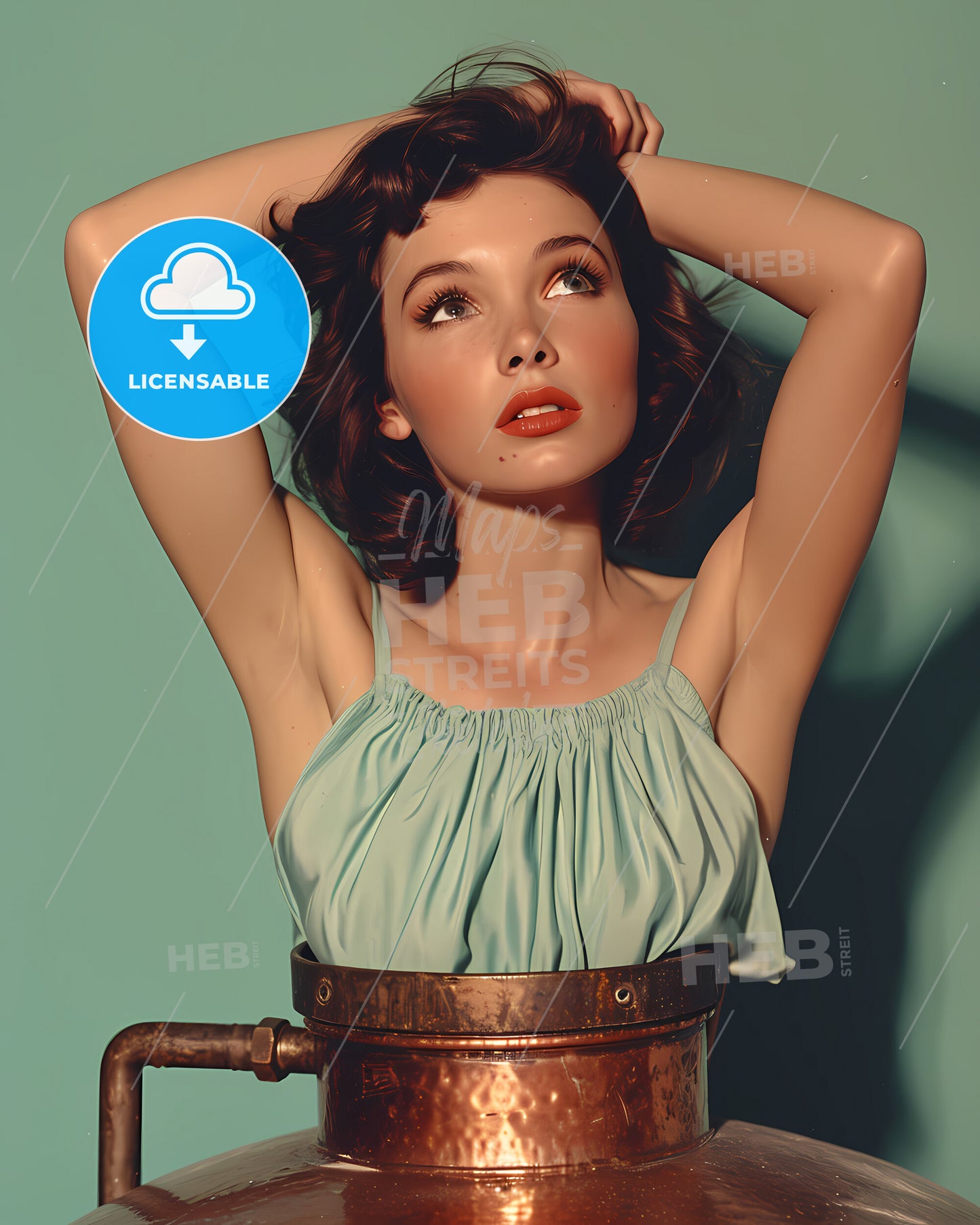 50S Pin Up Girl Sitting On Top Of A Copper Still Wearing A Short Halter Top And Denim Shorts - A Woman With Her Arms Behind Her Head