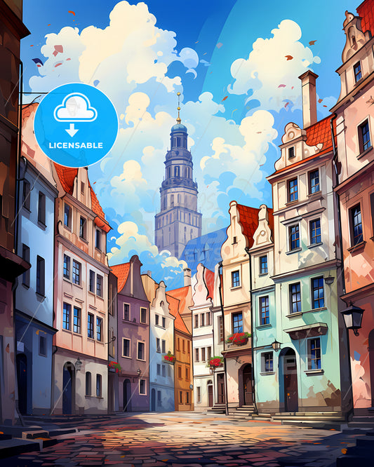 Poznań, Poland - A Street With Buildings And A Tower