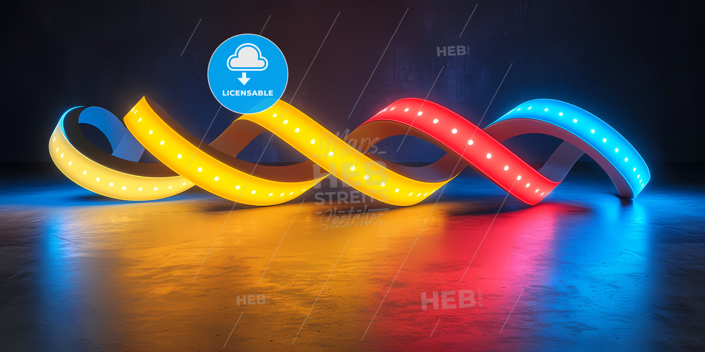 Abstract Geometric Wallpaper Of Colorful Wavy Neon Ribbon, Yellow Red Blue Glowing Lines Isolated On Black Background - A Colorful Lights On A Floor
