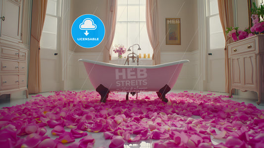 Pink Bathroom, Rose Petals, Flowers, Valentine's Day - A Bathtub With Pink Petals On The Floor