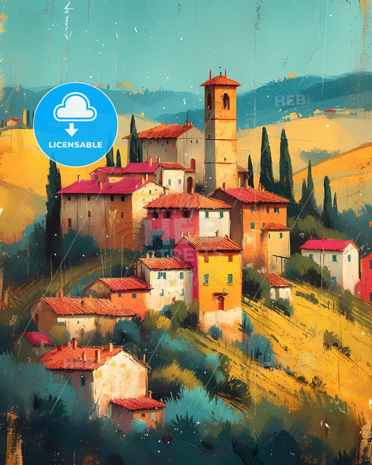 Tuscany, Italy - A Painting Of A Village