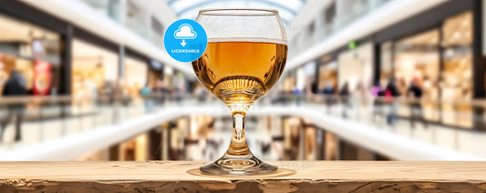 A Photo Of Beer Glas An Empty Very Old Wooden Board Top With A Blurred Shopping Mall In The Background - A Glass Of Beer On A Table