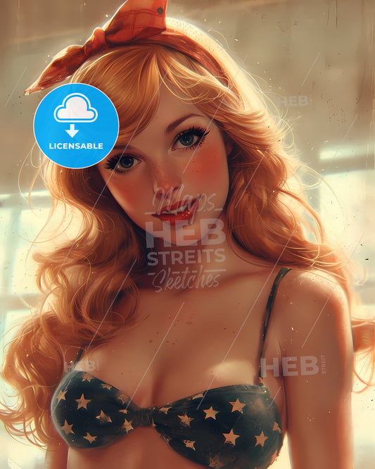 Pin Up Girl, Sticker, Joyful, Pastel, Cartoon, Contour - A Woman With Red Hair And Freckles