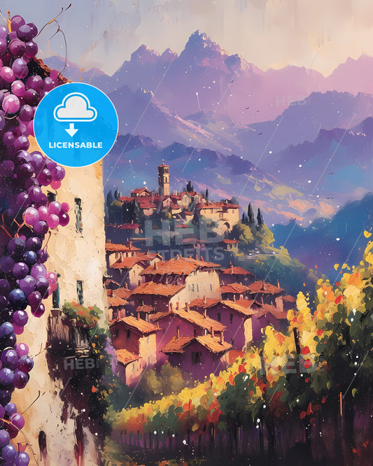 Piedmont, Italy - A Painting Of A Town With Grapes