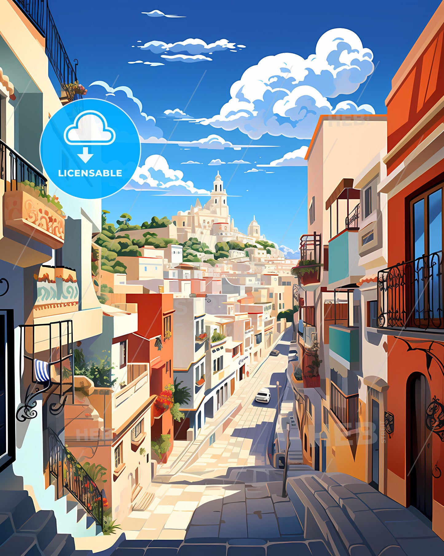 Alicante, Spain - A Street With Buildings And A Church On The Hill