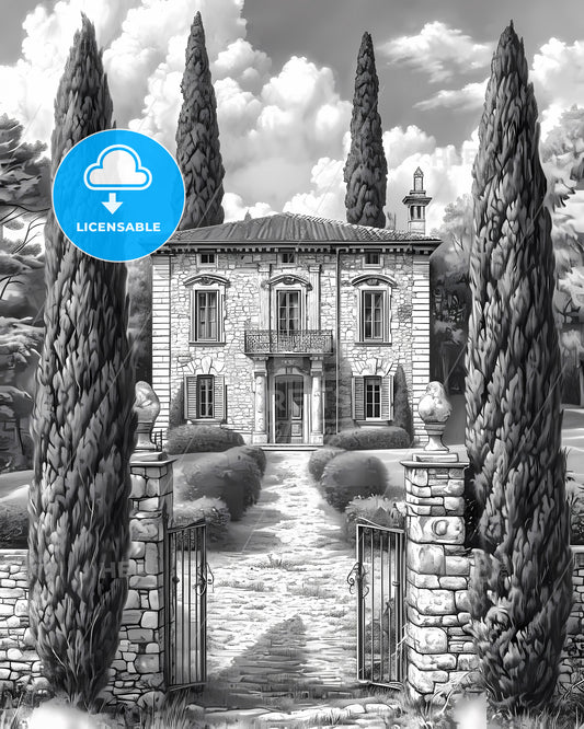 A French Chateau Winery - A Drawing Of A House With Trees And A Gate