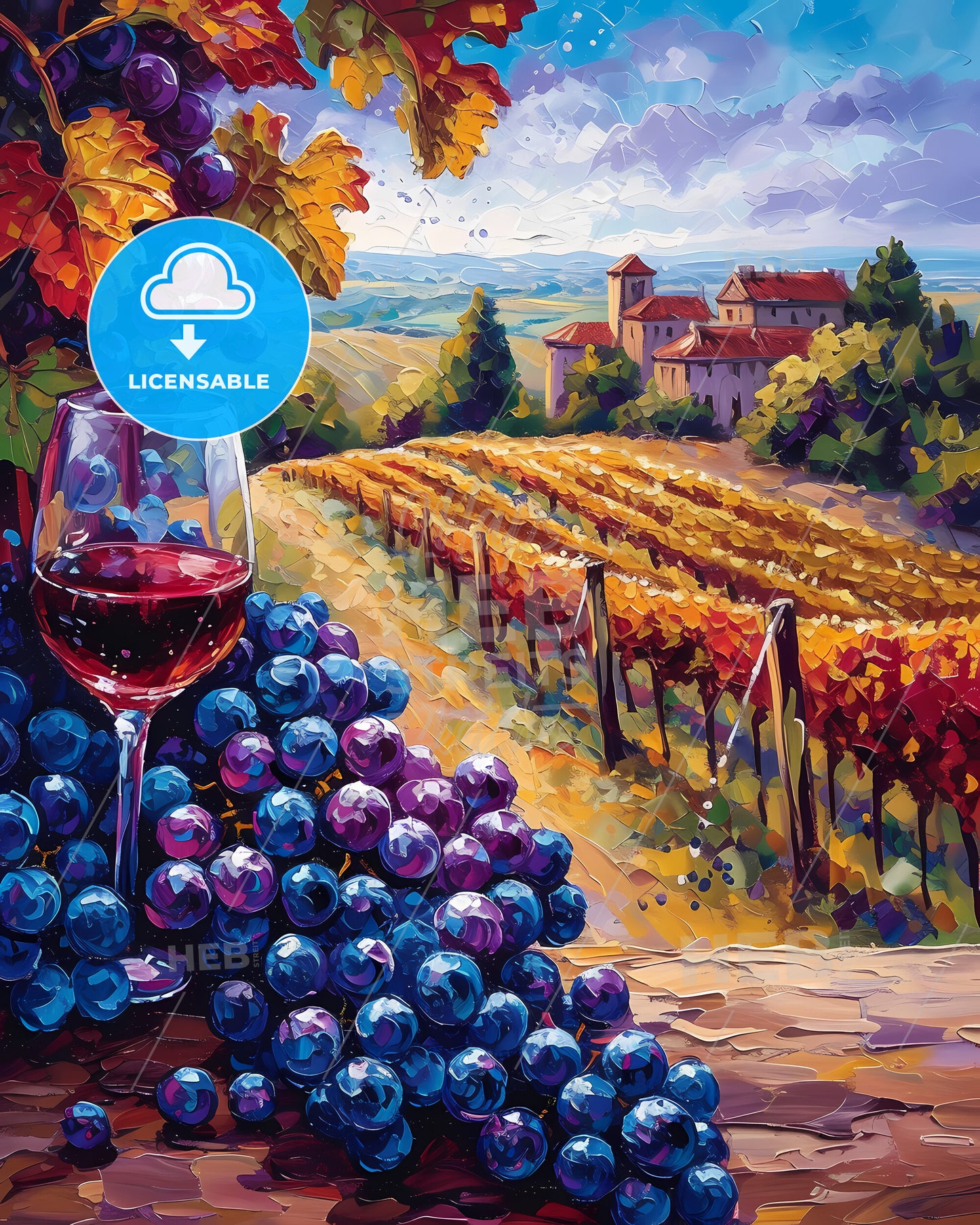 Bordeaux, France - A Painting Of A Wine Glass And Grapes In A Vineyard