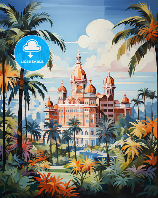 Mumbai, Hotel Taj Mahal Palace - A Painting Of A Building With Palm Trees