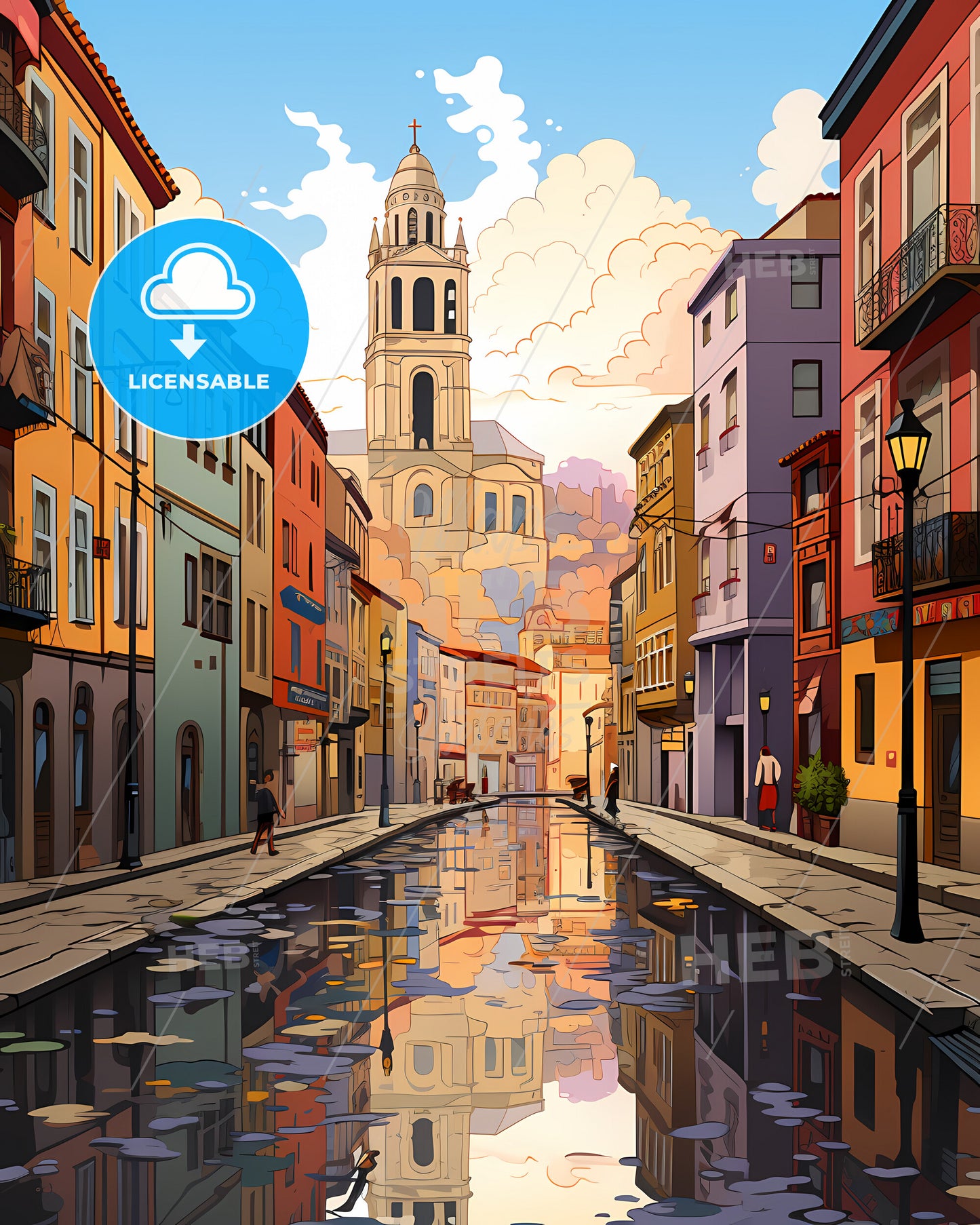 Bilbao, Spain - A Water Canal With Buildings And A Tower In The Background