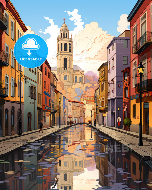 Bilbao, Spain - A Water Canal With Buildings And A Tower In The Background