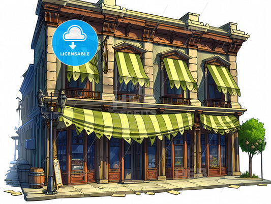 Pixar Like Outside Cartoon Restaurant - A Building With Awnings And Windows