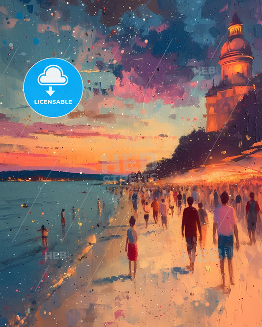 Sziget - A Painting Of A Beach With People Walking