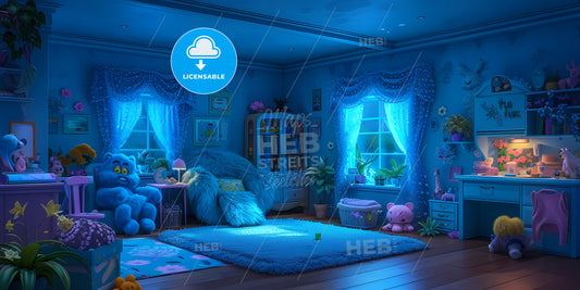 Colorful Cartoon Character Furry Monster Sits In Comfortable Armchair - A Room With Blue Walls And A Rug And A Window