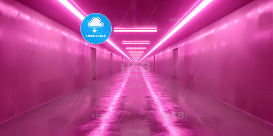 Abstract Neon Background, Empty Square Tunnel With Pink Glowing Lines - A Long Hallway With Pink Lights