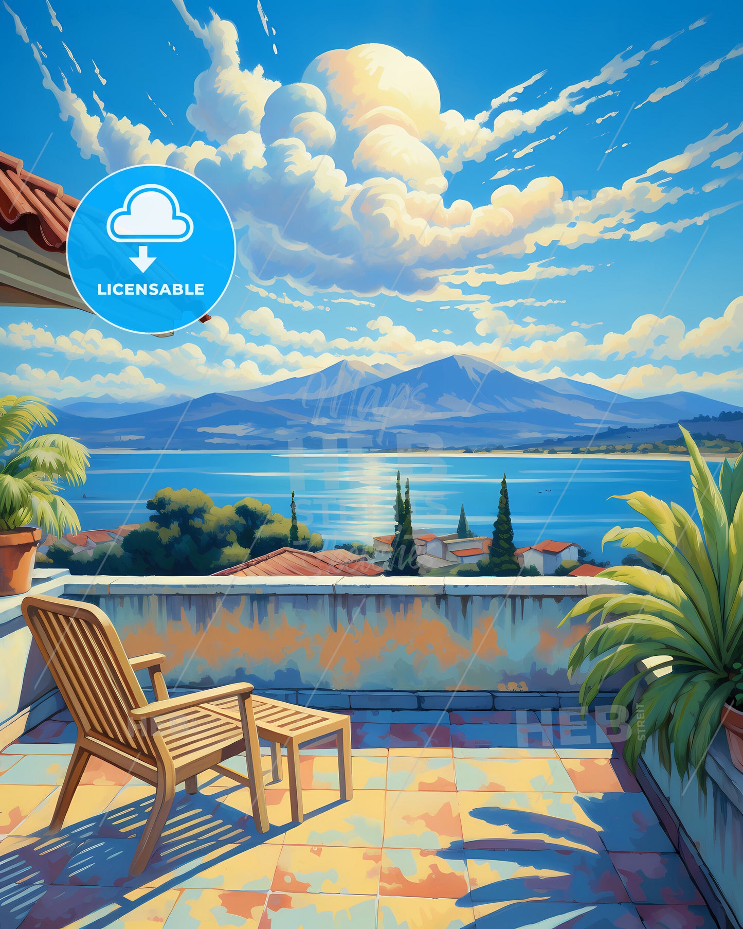 On The Roof Of Gili Islands, Indonesia - A Deck With Chairs And A View Of A Lake And Mountains