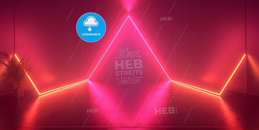 Abstract Futuristic Neon Background, Glowing Lines, Triangular Tunnel, Corridor, Ultraviolet Neon Light, Empty Space - A Pink Triangle Shaped Light