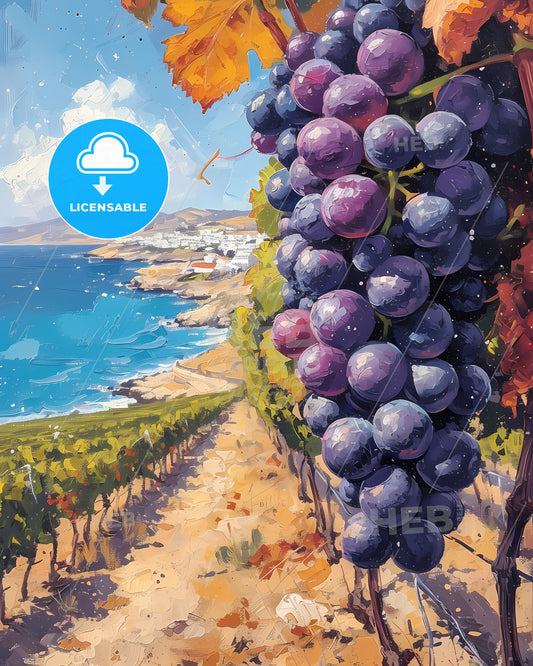Crete, Greece - A Painting Of Grapes On A Vine