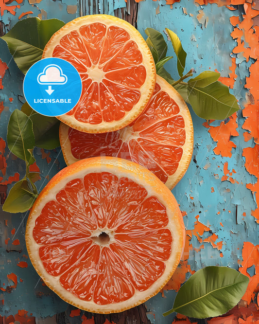 The Flat Vector Lemon Illustration - A Group Of Orange Slices With Leaves On A Blue Surface