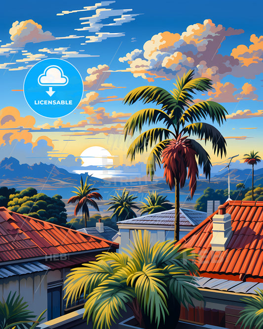 On The Roof Of Whitsunday Islands, Australia - A Palm Trees And Rooftops In A Village